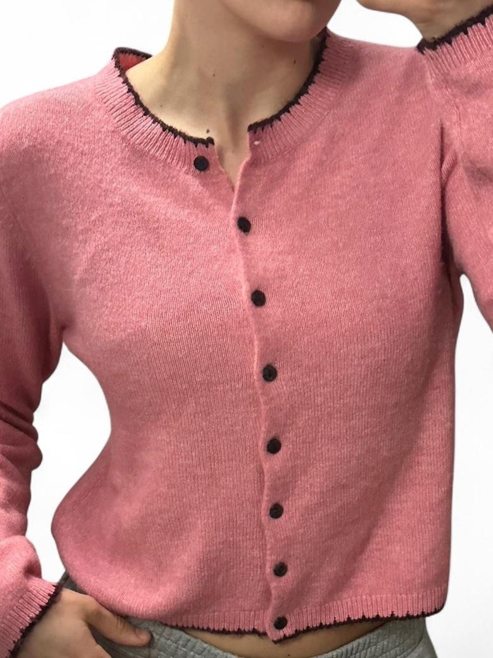 H&M Soft Pink Button-Up Knit Cardigan with Contrast Trim